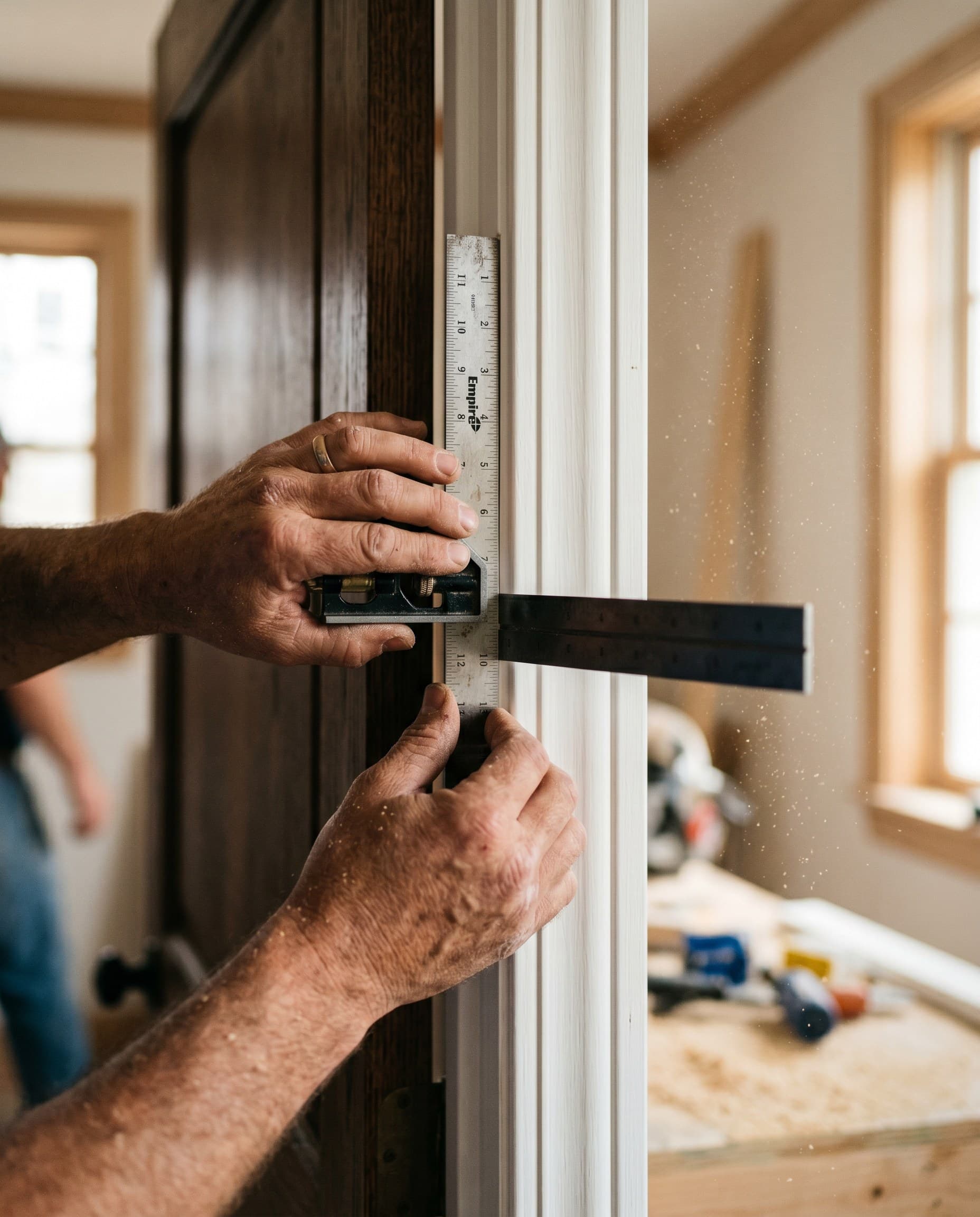 Carpenter checking a casing reveal with a steel square